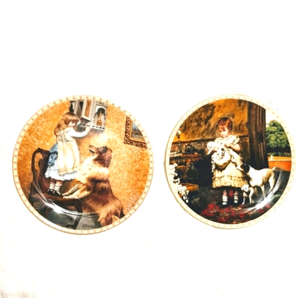 2 Decorative Plates by Royal Doulton Victorian Children Dogs Collector's lot